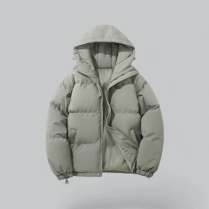 Classic puffer jacket with hood & front zipper. Essential warm winter coat for casual style.
