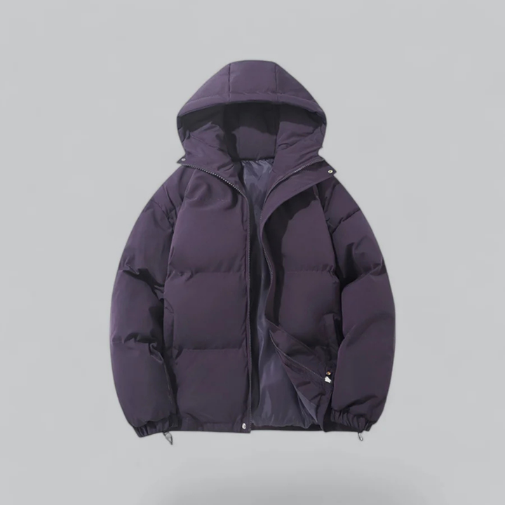 Stylish women's puffer jacket; a hooded winter coat with front zipper, offering warmth and comfort.