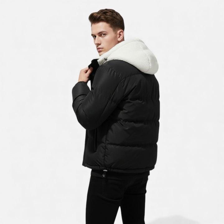Cozy men's winter jacket. Warm outerwear for cold weather, a classic everyday style.
