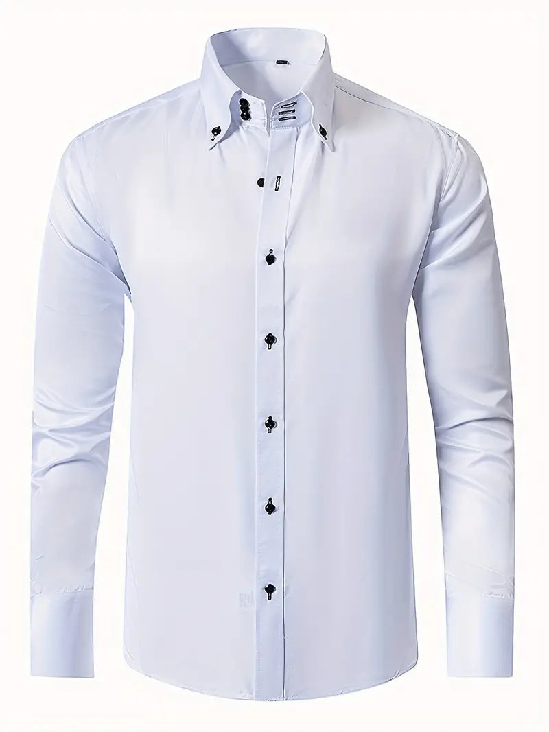 Classic white slim fit men's button-down dress shirt for business & formal occasions. Long sleeve professional attire.