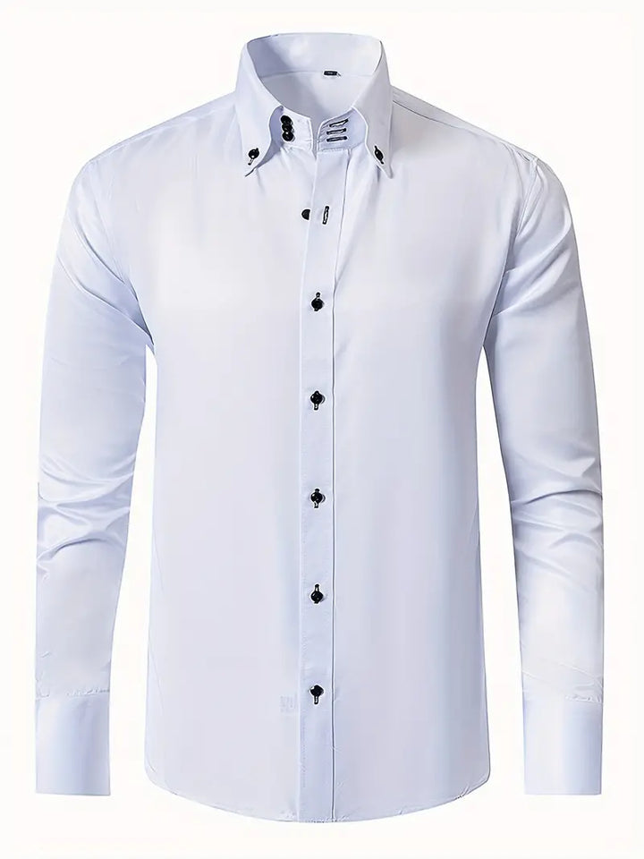 Classic white slim fit men's button-down dress shirt for business & formal occasions. Long sleeve professional attire.