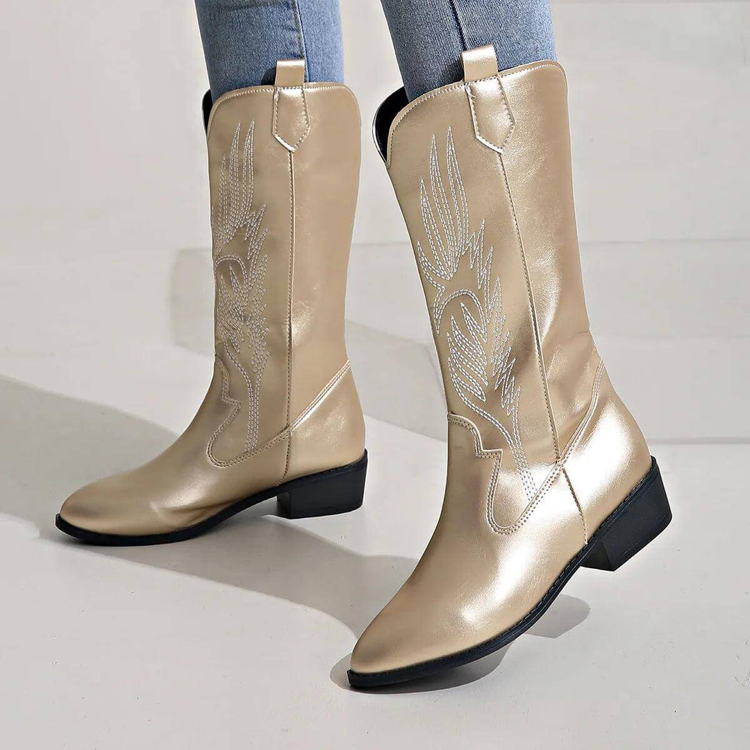 Silver tone women's western boots, a comfortable and trendy fashion statement.