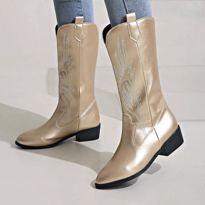 Silver tone women's western boots, a comfortable and trendy fashion statement.