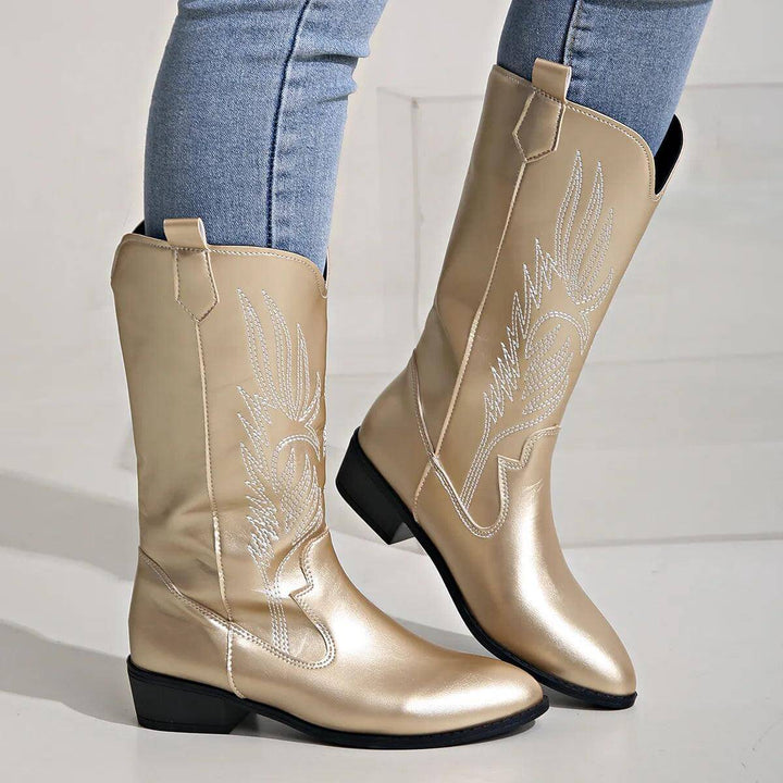 Gold accent women's cowboy boots, classic western look, comfortable fashion.