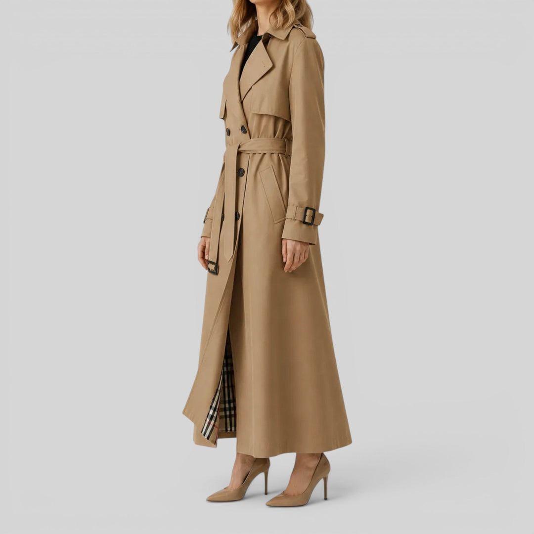 Women's classic longline trench coat with belt. Stylish and versatile outerwear for fall & spring.
