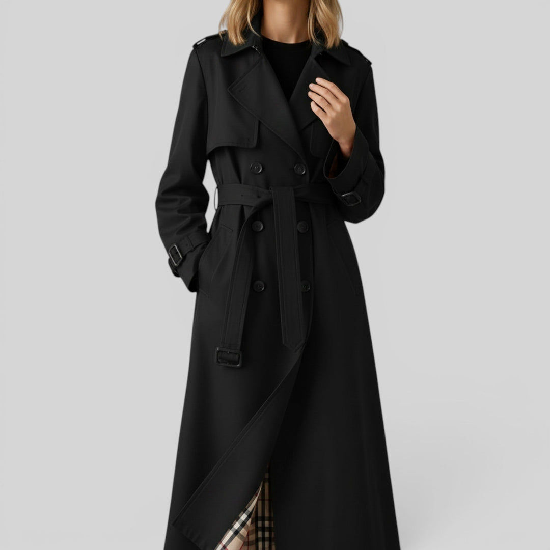Stylish women's longline trench coat with a classic design & adjustable belt for a flattering fit.