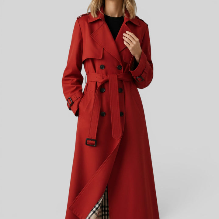 Versatile women's classic belted longline trench coat. Ideal spring jacket or fall outerwear.