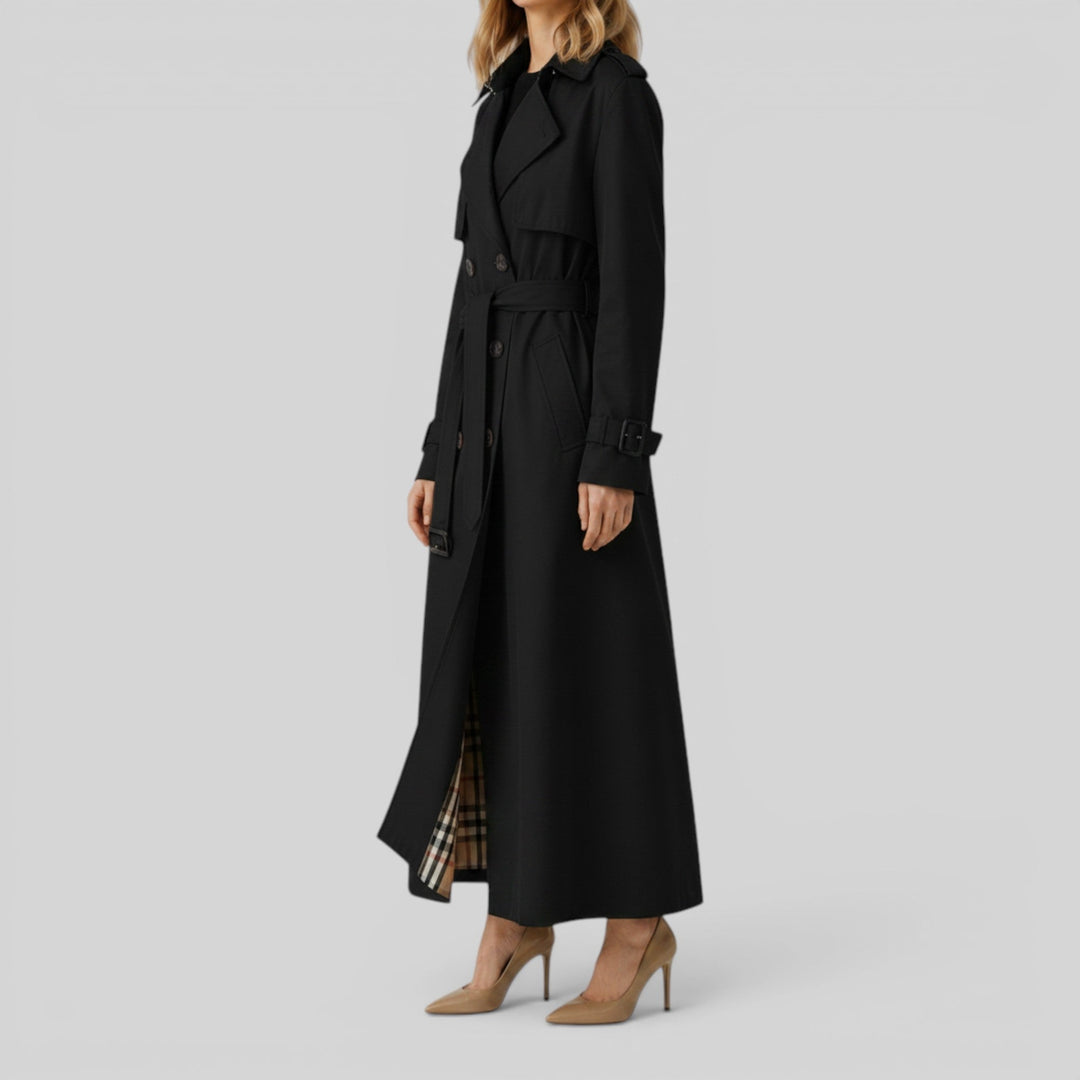 Timeless women's classic longline trench coat, belted for an elegant and fashionable look.