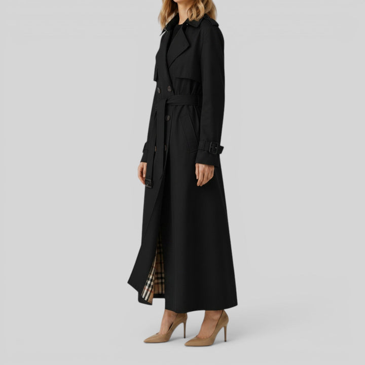 Timeless women's classic longline trench coat, belted for an elegant and fashionable look.