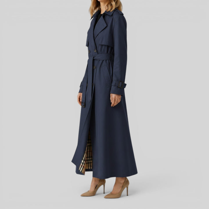 Iconic classic women's longline trench coat with a stylish belt, perfect for any season.