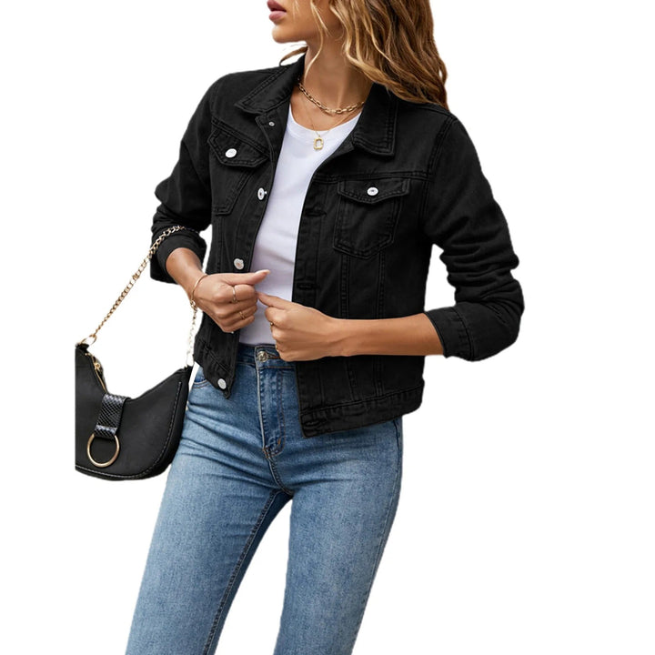 Classic women's blue denim button jacket, perfect for casual everyday style.