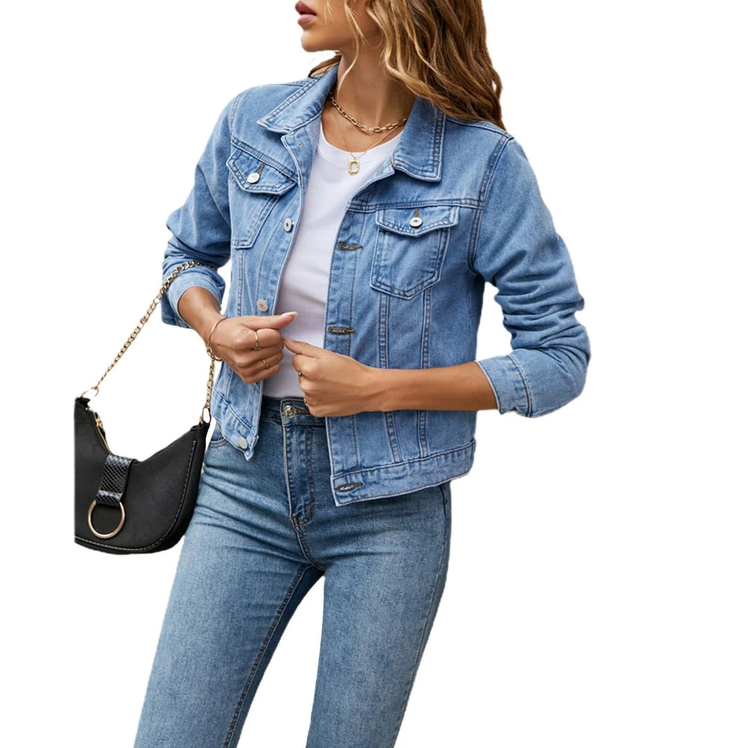 Stylish blue denim fashion jacket with a button-up front for women.
