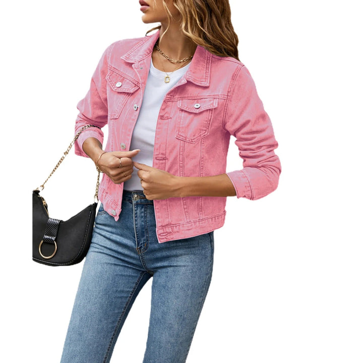 Modern women's denim jacket featuring a classic button closure and stylish fit.
