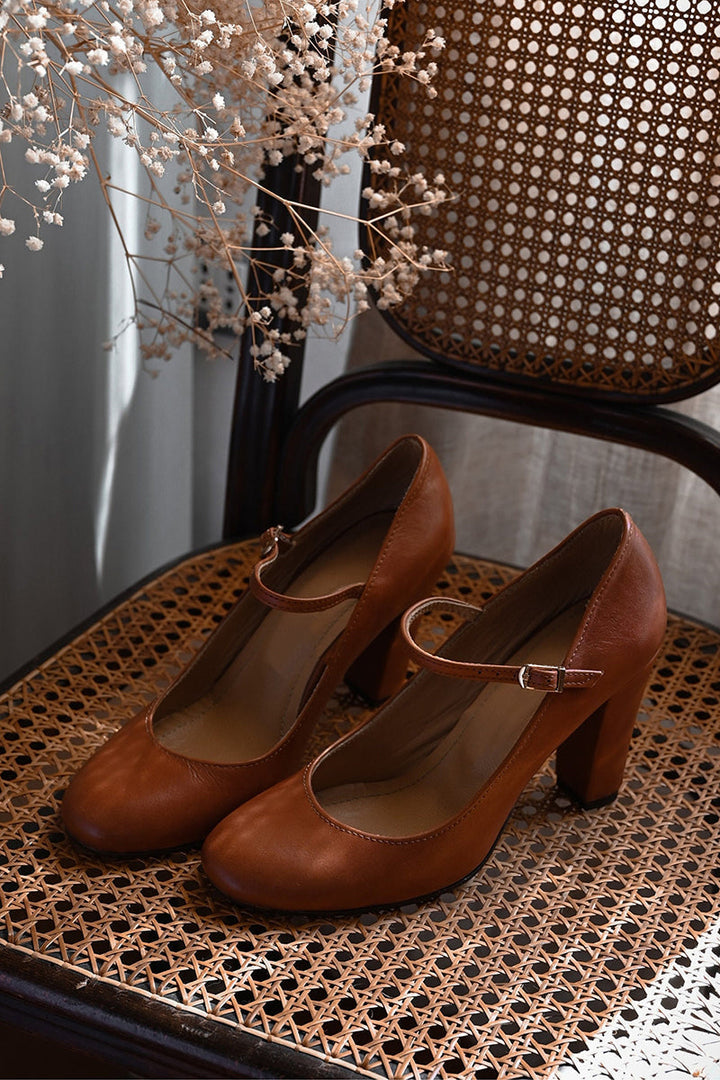 Women's elegant Mary Jane shoes with a classic block heel, rounded toe, secure buckle strap, and closed toe design.