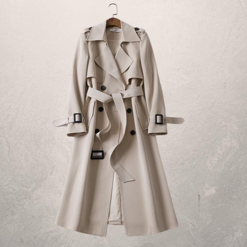Classic women's double-breasted trench coat with belt, perfect for fall and spring elegant outerwear.