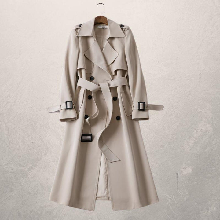 Classic women's double-breasted trench coat with belt, perfect for fall and spring elegant outerwear.