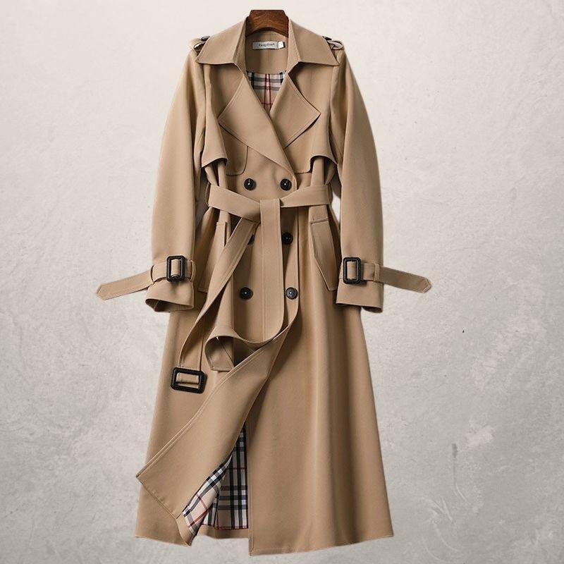 Versatile women's long double-breasted trench coat, perfect classic outerwear for elegant fall and spring fashion.