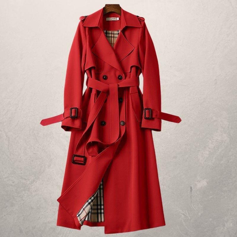 Stylish women's double-breasted trench coat, classic design with a cinched belt, perfect for chic outerwear.