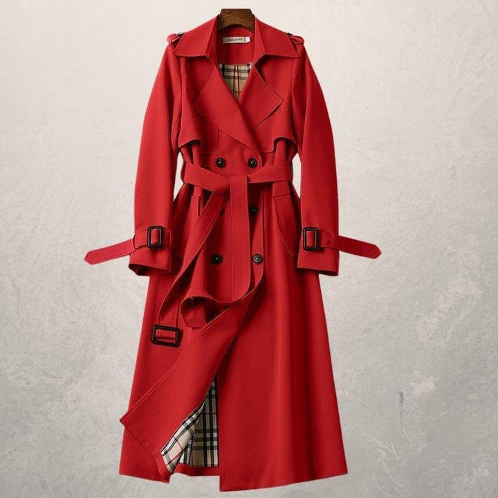 Stylish women's double-breasted trench coat, classic design with a cinched belt, perfect for chic outerwear.