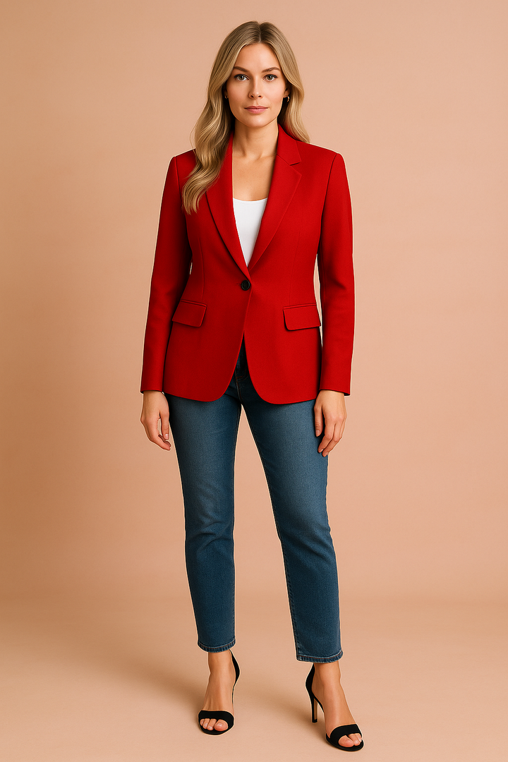 Classic women's fitted blazer in black, perfect for business or casual wear.