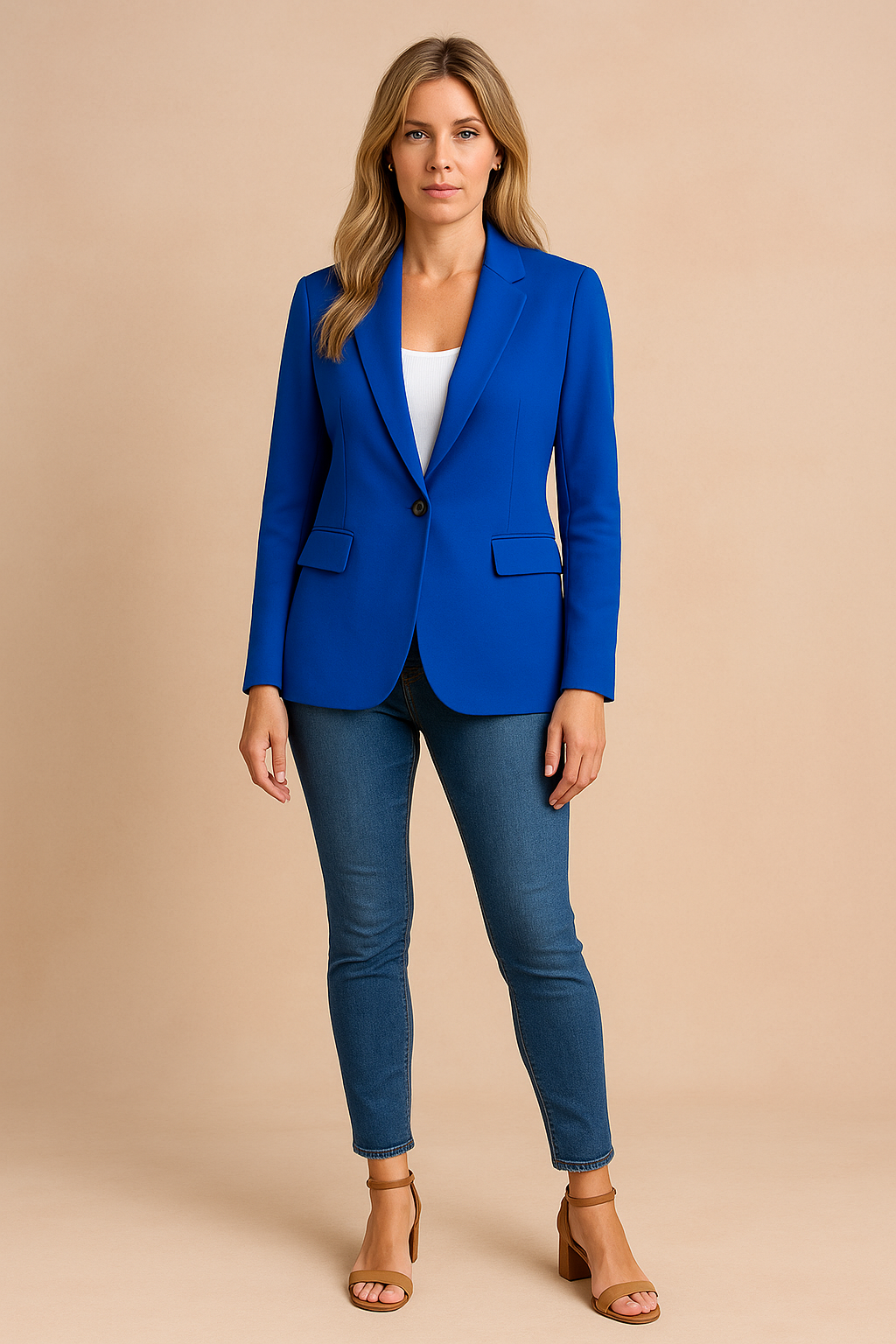 Front view of a classic women's business jacket, showcasing its tailored design.