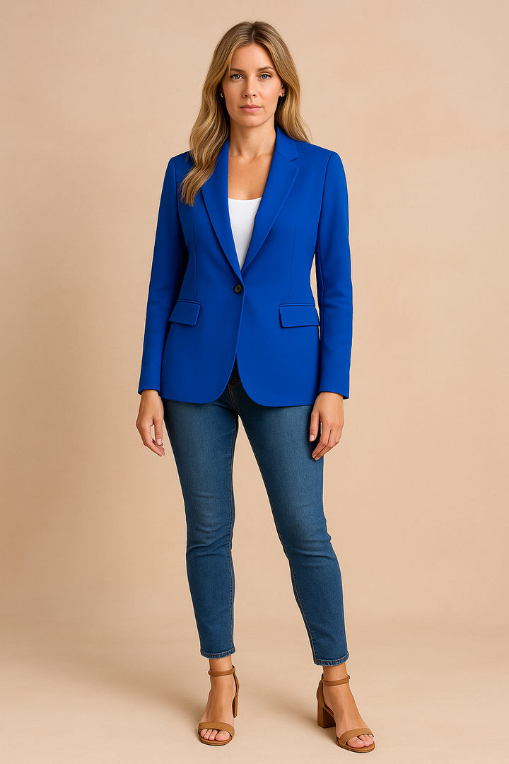 Front view of a classic women's business jacket, showcasing its tailored design.