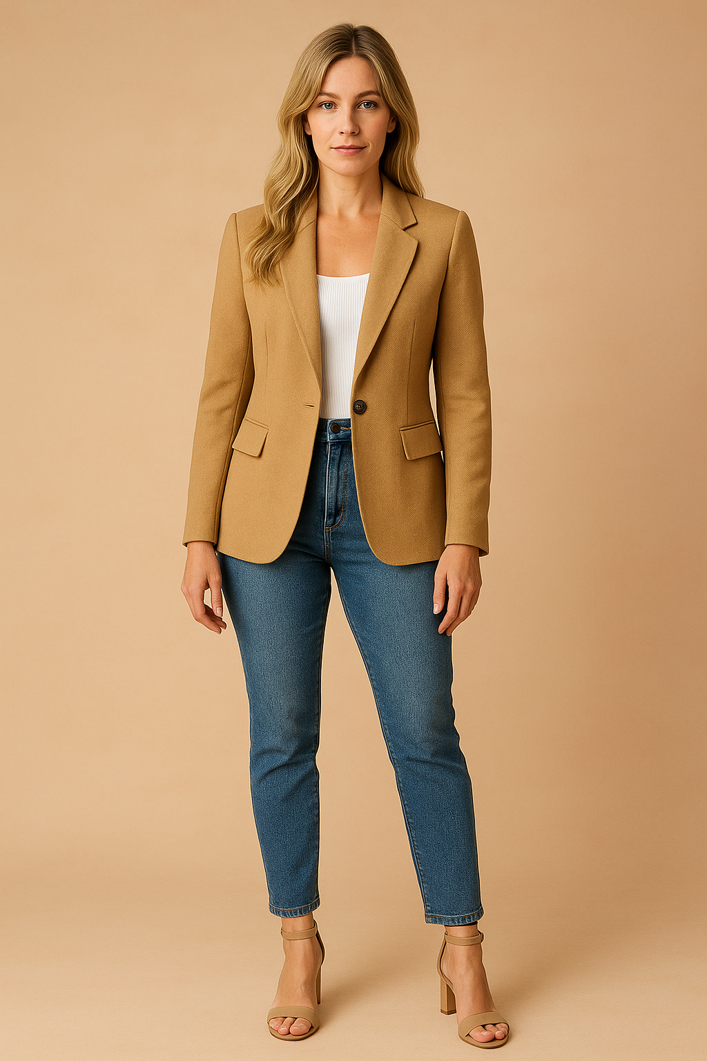 Model wearing a versatile women's blazer, highlighting its chic and fashionable silhouette.