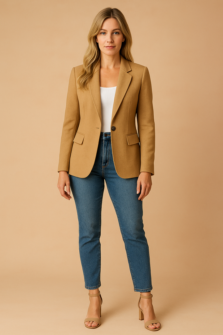 Model wearing a versatile women's blazer, highlighting its chic and fashionable silhouette.