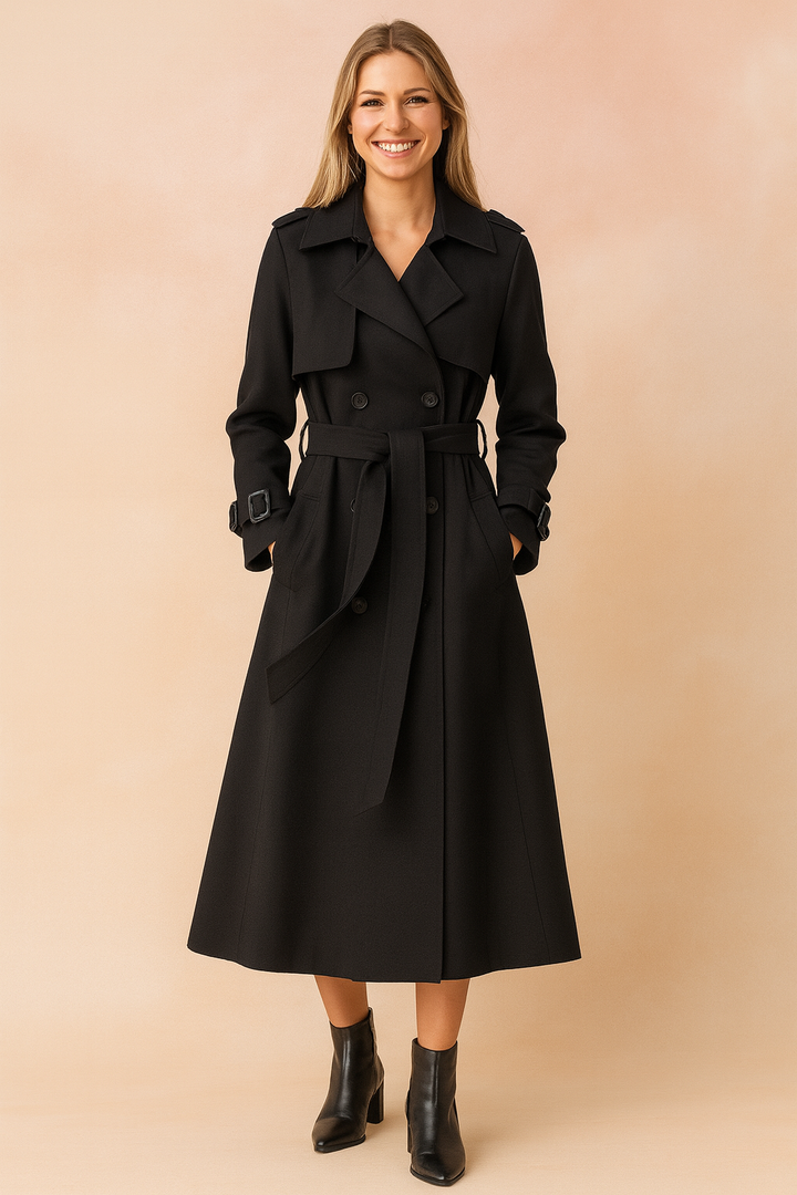 Classic women's long trench coat with adjustable belt and buckle details.