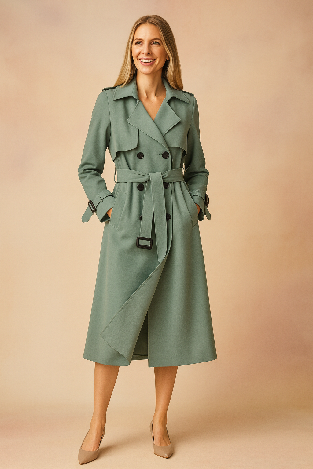 Chic ladies' long trench coat featuring a prominent belt and elegant buckles.