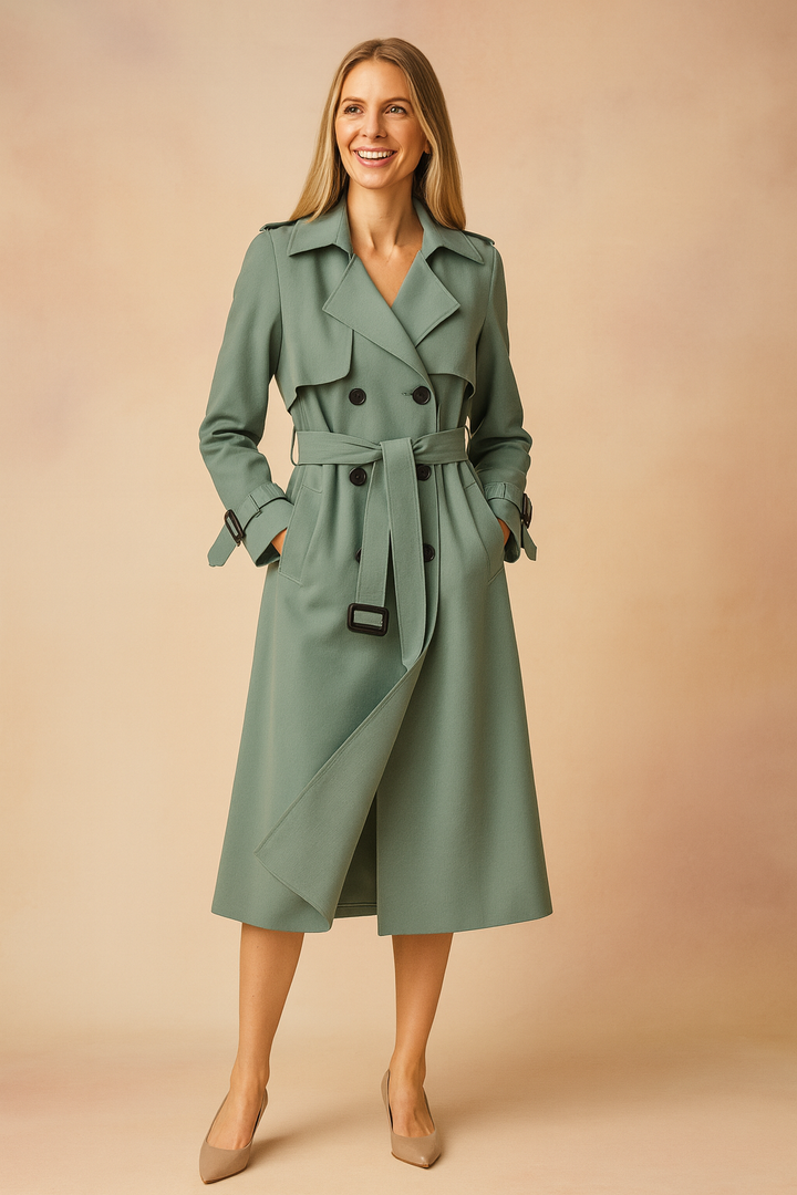 Chic ladies' long trench coat featuring a prominent belt and elegant buckles.