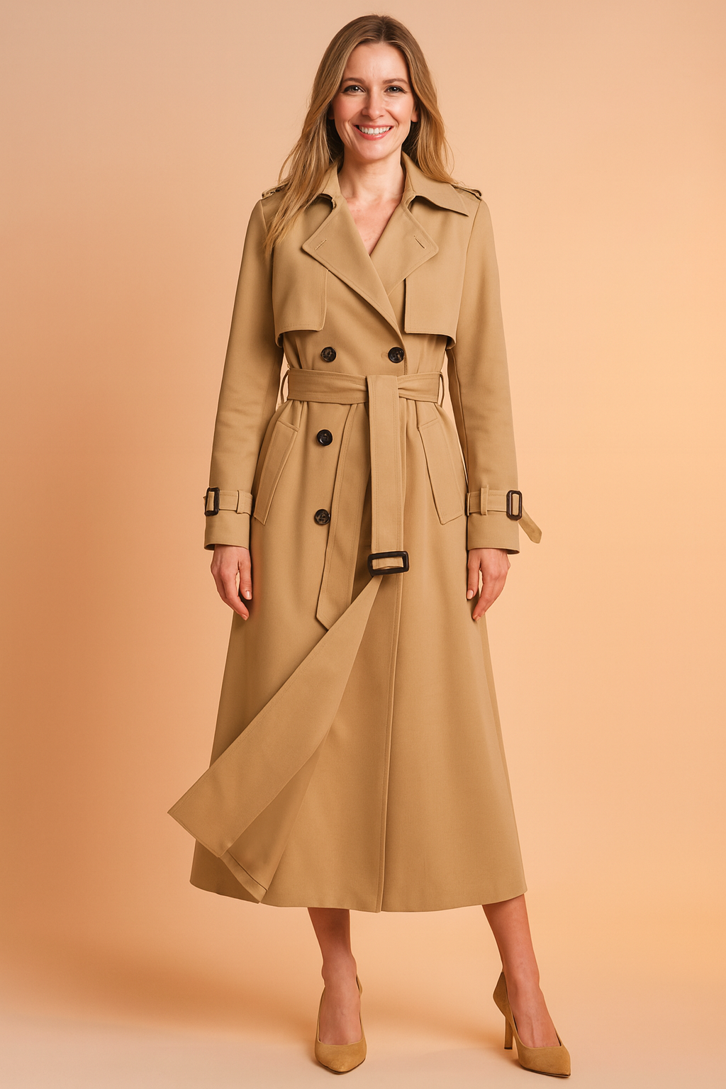 Versatile women's trench jacket, ideal for layering with its long silhouette.