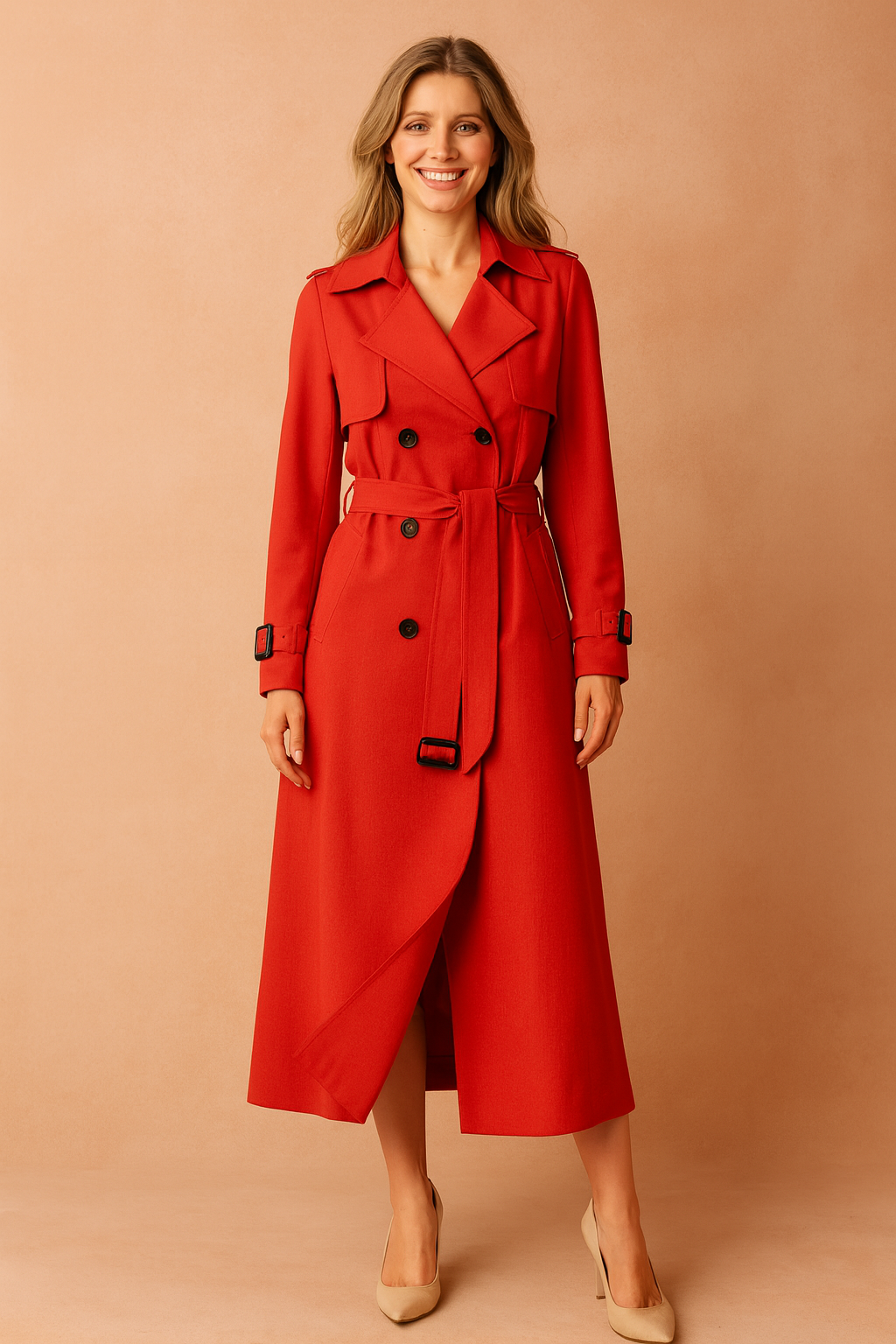 Elegant women's fashion outerwear, a timeless long trench coat with belt.