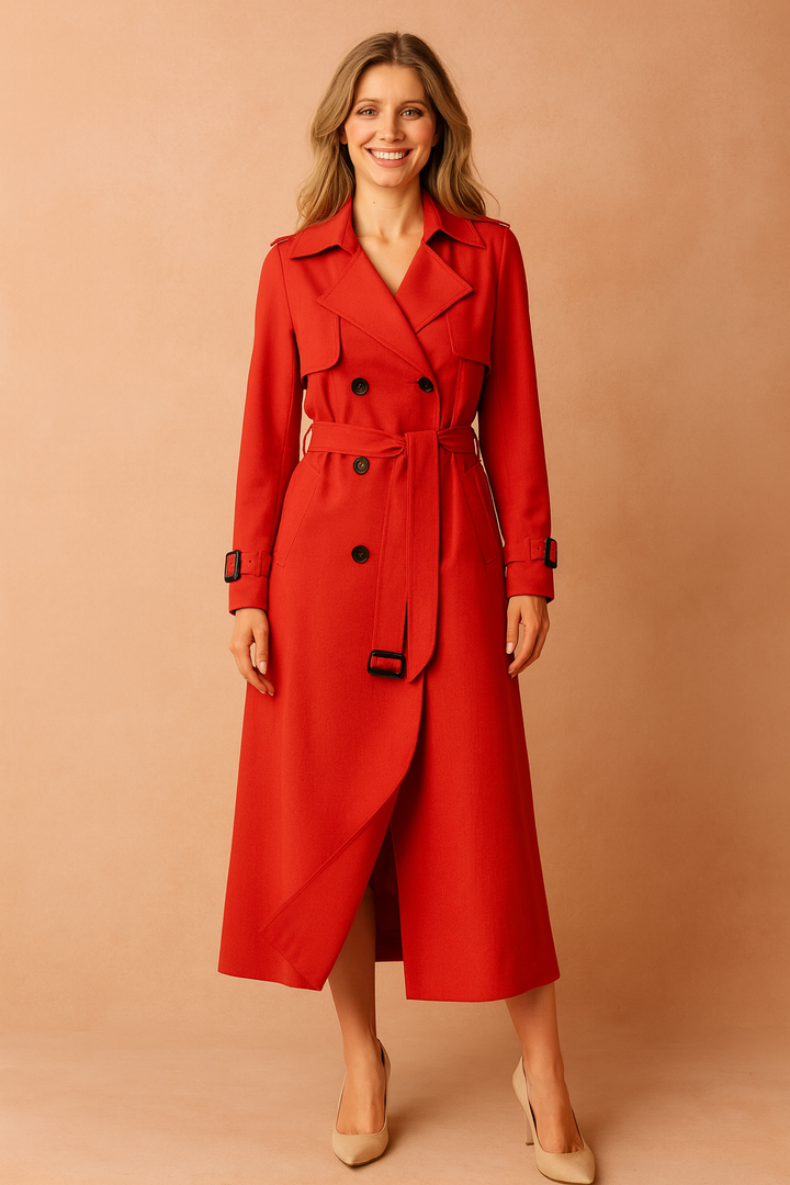 Elegant women's fashion outerwear, a timeless long trench coat with belt.