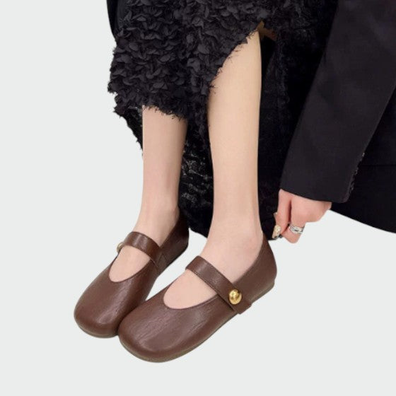 Versatile women's classic Mary Jane shoes, round-toe design, secure button strap, and comfortable low block heel.