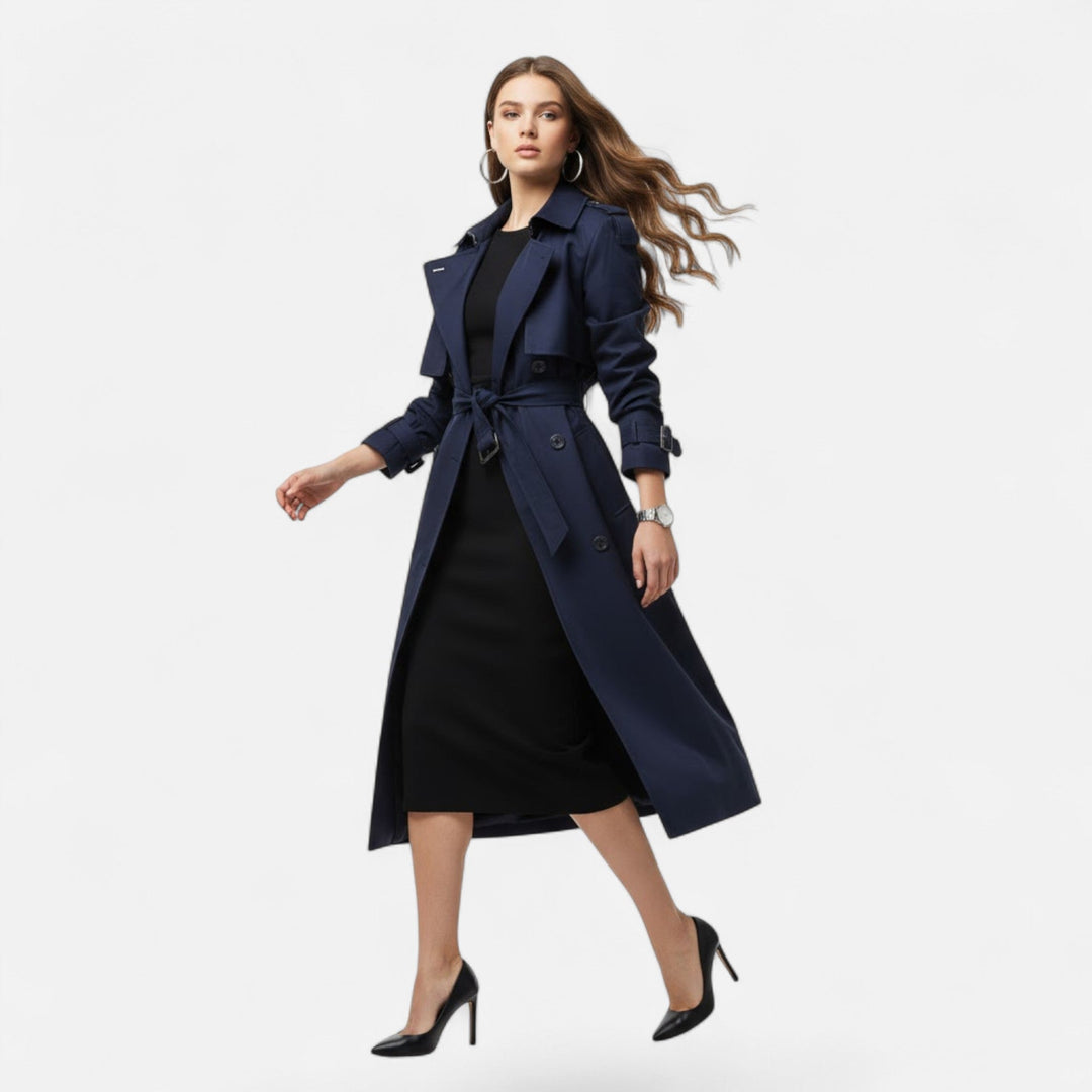 Sophisticated women's trench coat, mid-length design with a cinched tie waist