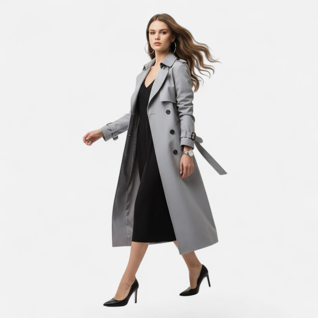 Modern women's trench coat, mid-length cut with a stylish tie-waist accent