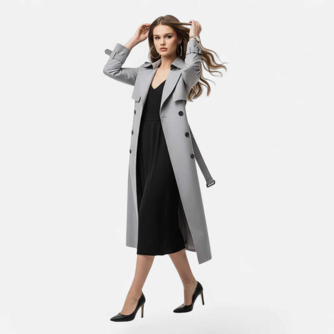 Classic women's mid-length trench coat, ideal for layering and elegant style