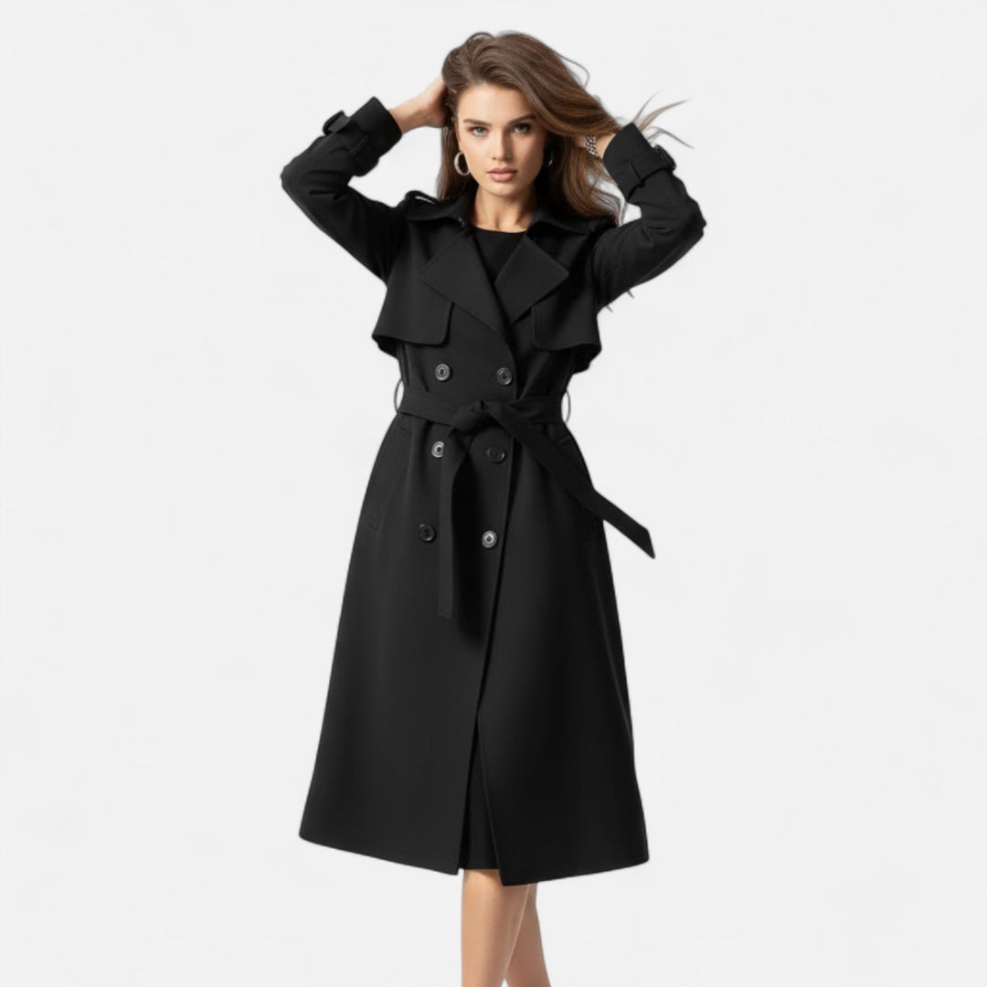 Elegant women's outerwear: mid-length trench coat with adjustable tie waist