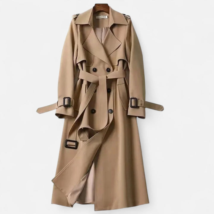 Stylish women's trench coat, mid-length silhouette with a flattering tie waist