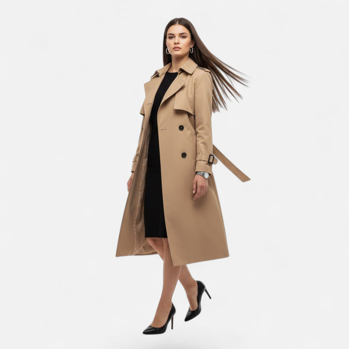 Versatile women's tie-waist trench coat in a timeless mid-length cut