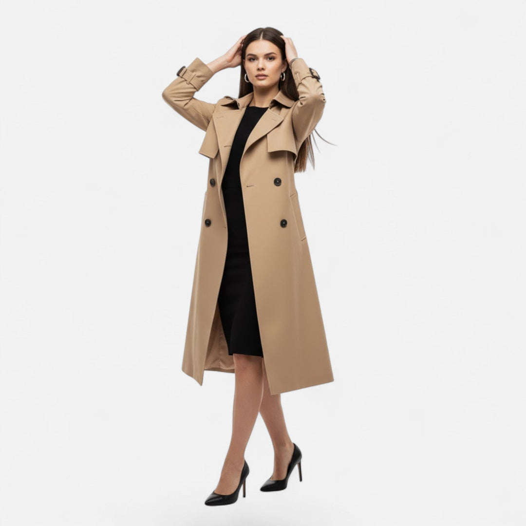 Chic mid-length trench coat for women, featuring a sophisticated tie-waist