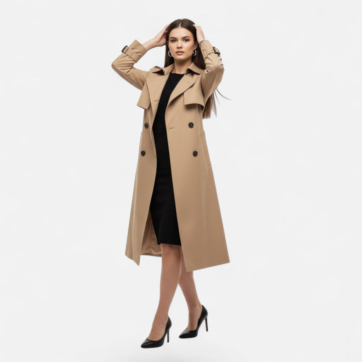 Chic mid-length trench coat for women, featuring a sophisticated tie-waist
