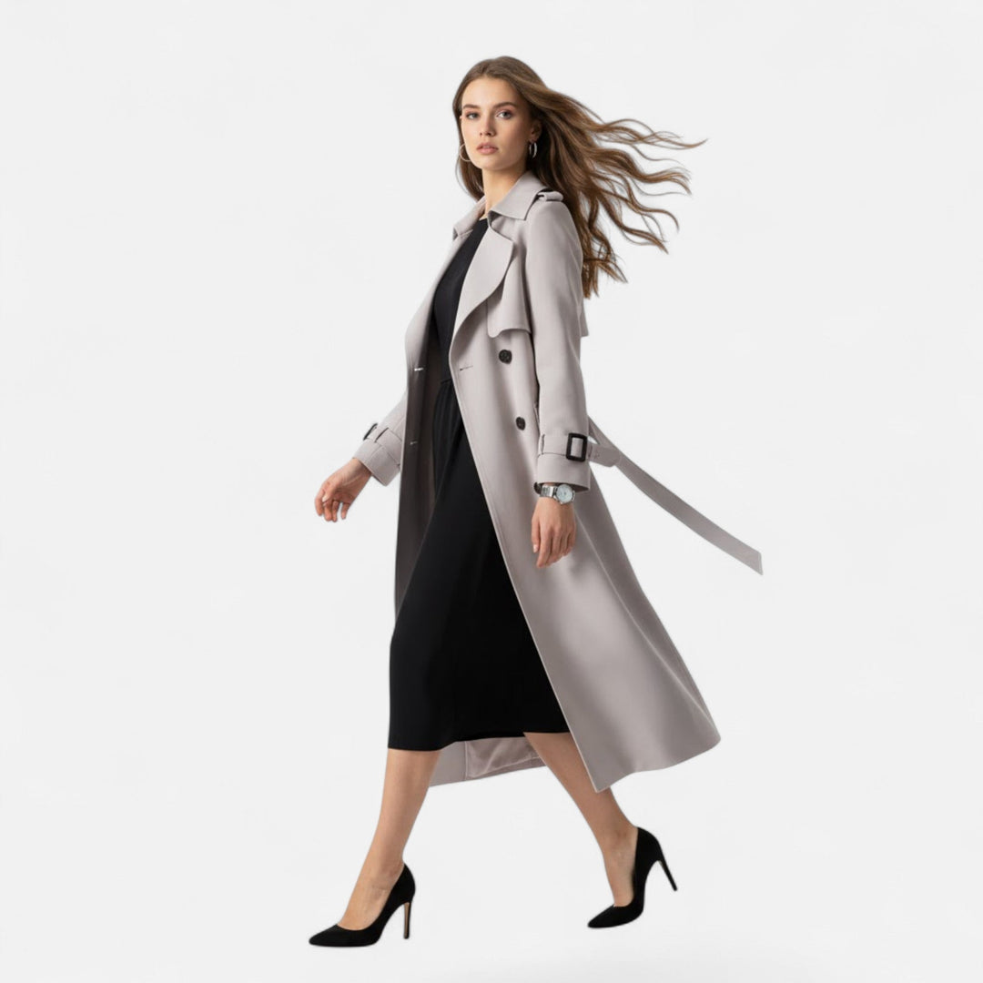 Timeless women's trench coat, mid-length style with a feminine tie-waist