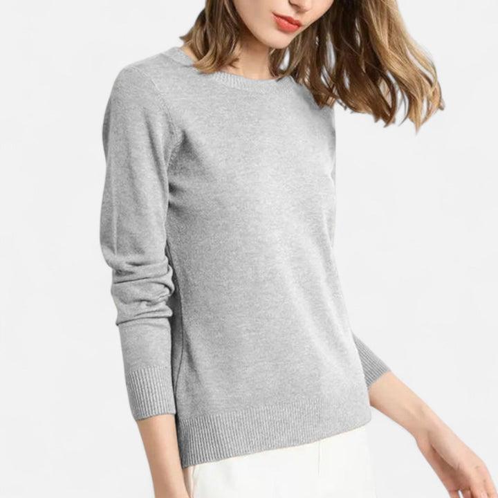 Classic womens round neck sweater in elegant knitwear, perfect for everyday wear.