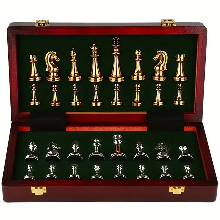 Classic wooden and metal folding chess set for strategic indoor play.