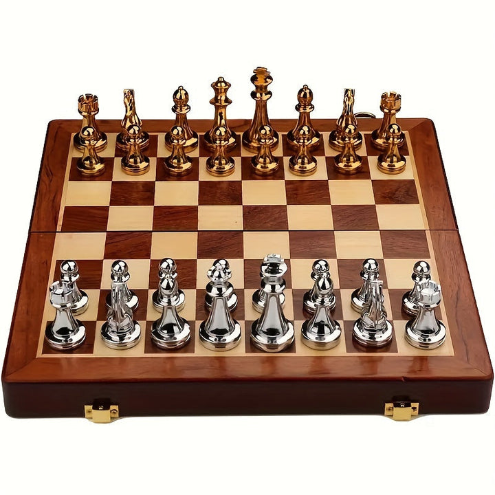 Timeless classic board game: wooden chess set with metal pieces for strategy.