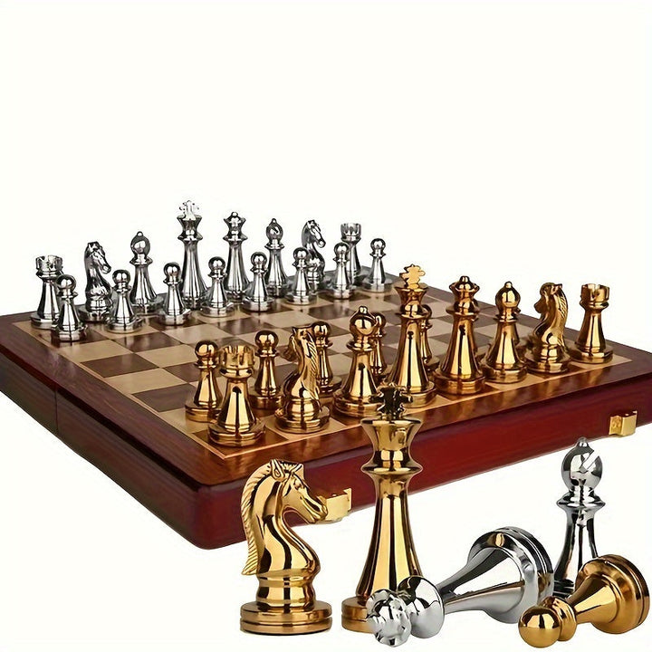 Portable wooden and metal chess set, a timeless strategy game for all ages.