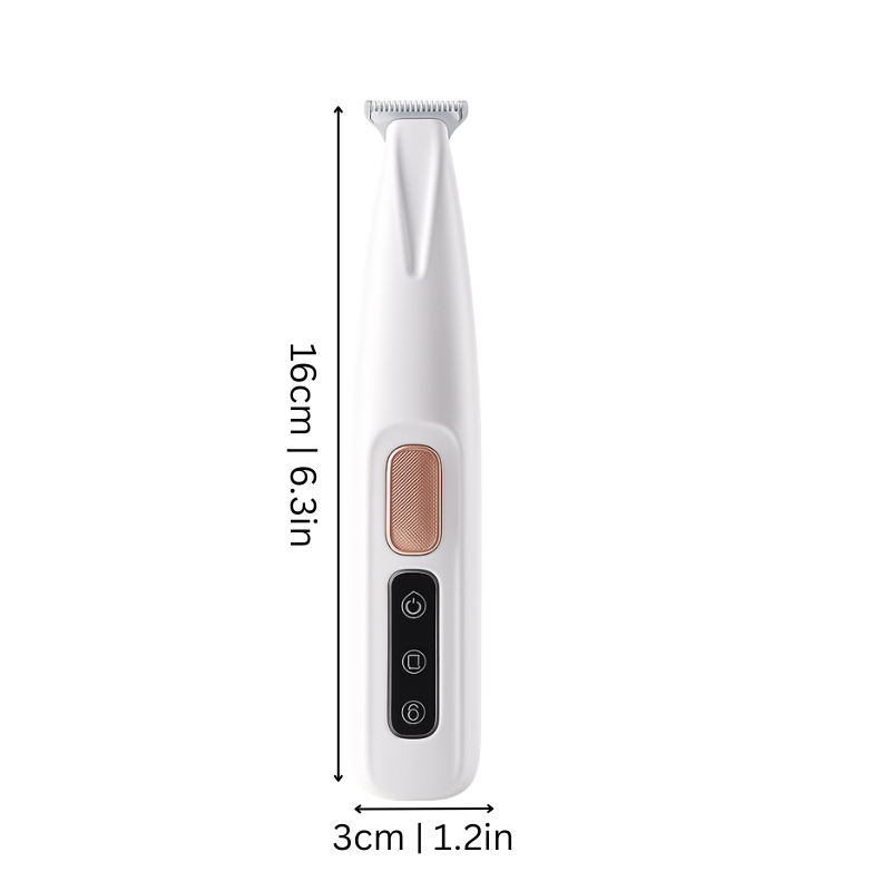 Close-up of Clipzy quiet paw trimmer with LED light for safe pet grooming.