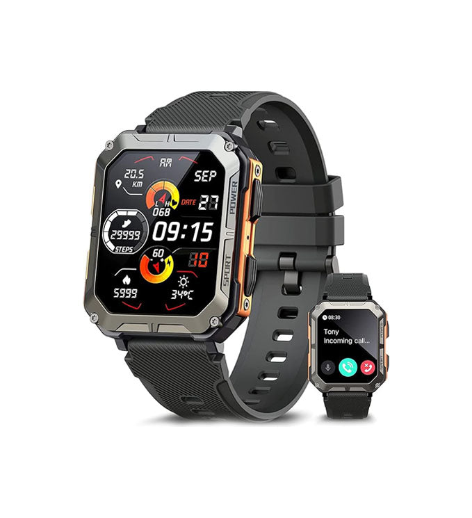 Close-up of a black rugged indestructible smartwatch, built for extreme adventures and harsh outdoor conditions.